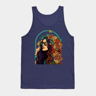 Hippie Style Girl And Colorful Flower Garden Retro Aesthetic Tank Top